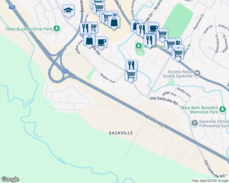 map of restaurants, bars, coffee shops, grocery stores, and more near 145 Walker Avenue in Lower Sackville