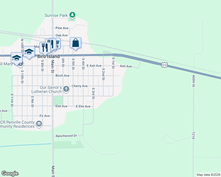 map of restaurants, bars, coffee shops, grocery stores, and more near 361 South 2nd Street in Bird Island
