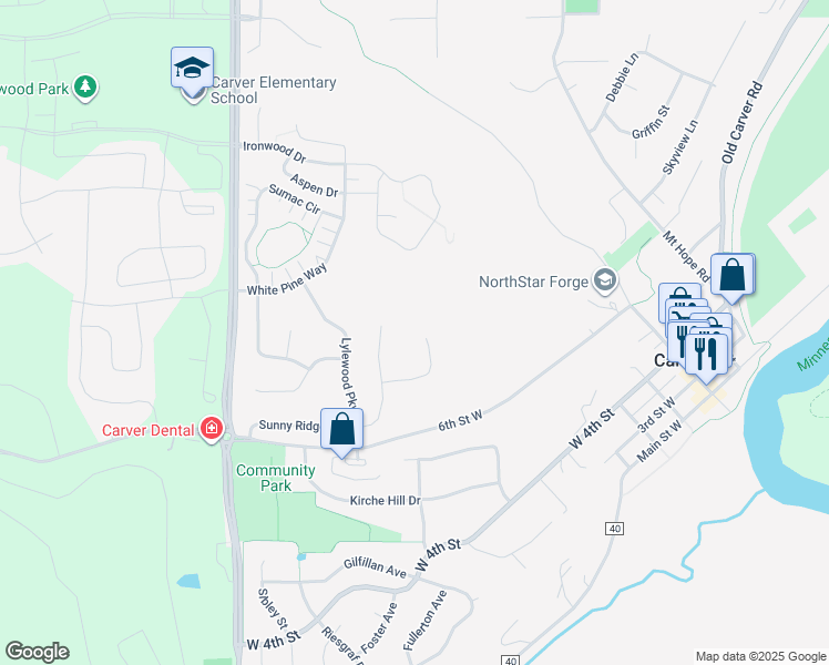 map of restaurants, bars, coffee shops, grocery stores, and more near 951 Sunny Ridge Drive in Carver