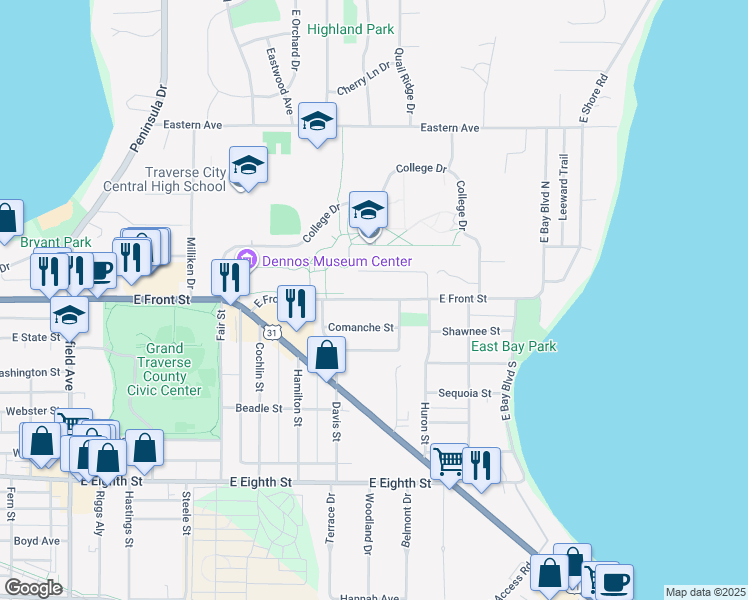 map of restaurants, bars, coffee shops, grocery stores, and more near 1733-1799 E Front St in Traverse City