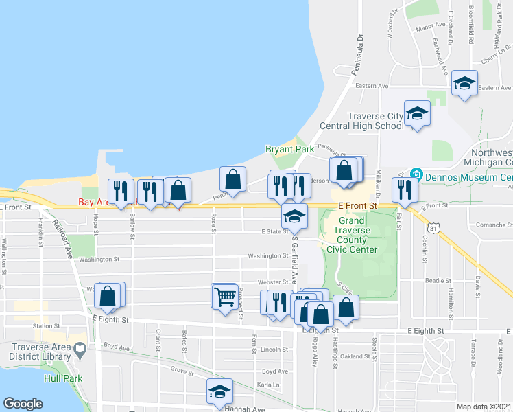 map of restaurants, bars, coffee shops, grocery stores, and more near 1001 East Front Street in Traverse City