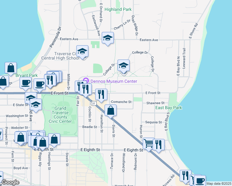 map of restaurants, bars, coffee shops, grocery stores, and more near 1733 East Front Street in Traverse City