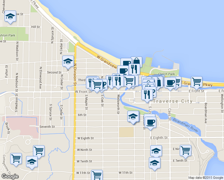 map of restaurants, bars, coffee shops, grocery stores, and more near 424 W Front St in Traverse City
