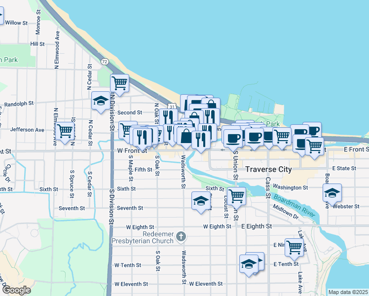 map of restaurants, bars, coffee shops, grocery stores, and more near 424 West Front Street in Traverse City