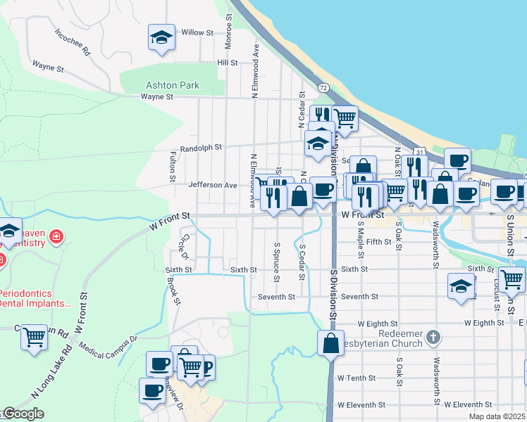 map of restaurants, bars, coffee shops, grocery stores, and more near 107 North Elmwood Avenue in Traverse City