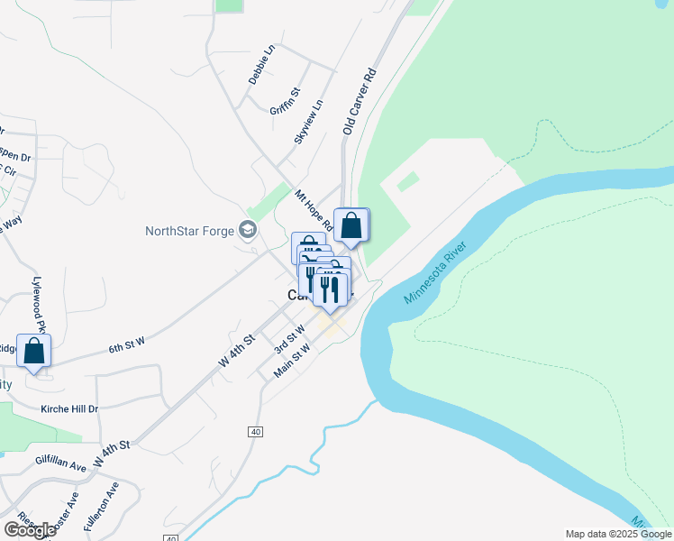 map of restaurants, bars, coffee shops, grocery stores, and more near 209 4th Street East in Carver