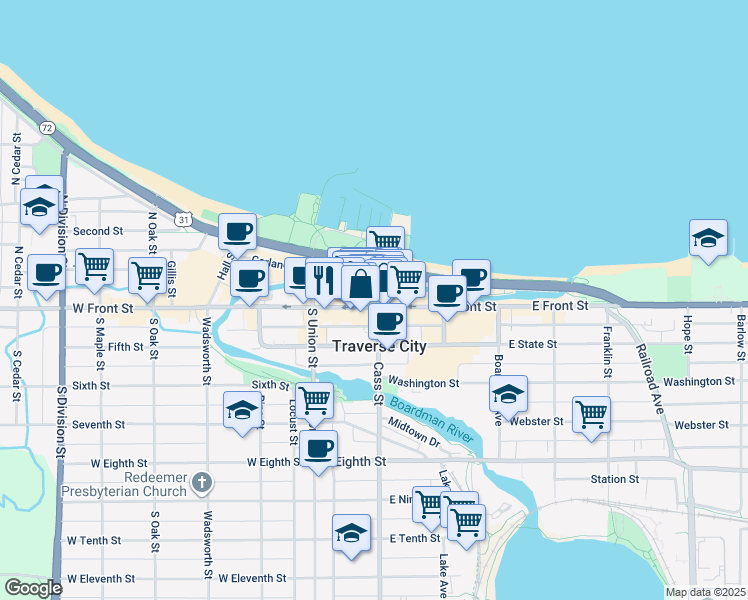 map of restaurants, bars, coffee shops, grocery stores, and more near 151 East Front Street in Traverse City