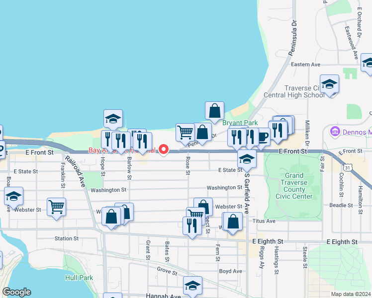 map of restaurants, bars, coffee shops, grocery stores, and more near 875 East Front Street in Traverse City
