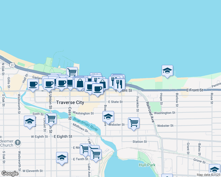 map of restaurants, bars, coffee shops, grocery stores, and more near 398 East Front Street in Traverse City