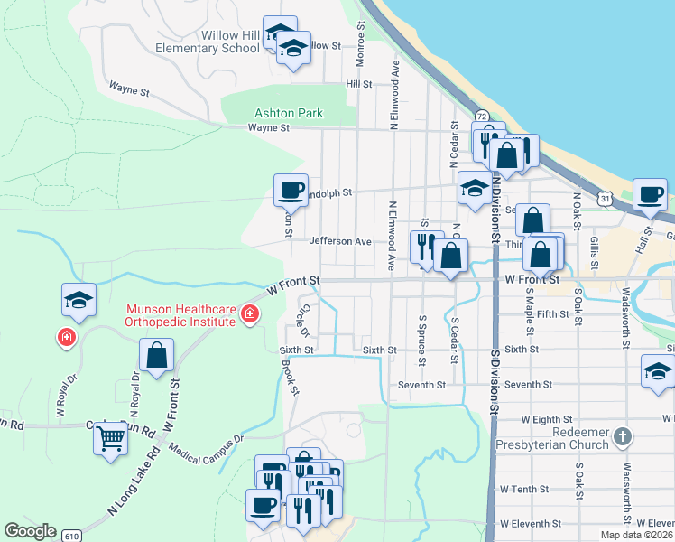 map of restaurants, bars, coffee shops, grocery stores, and more near 1116 West Front Street in Traverse City