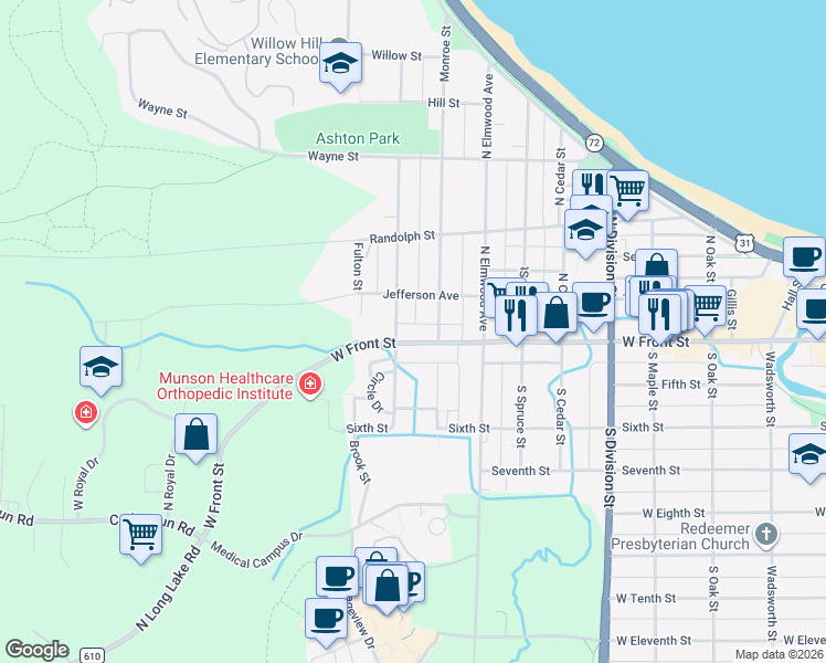 map of restaurants, bars, coffee shops, grocery stores, and more near 1116 West Front Street in Traverse City