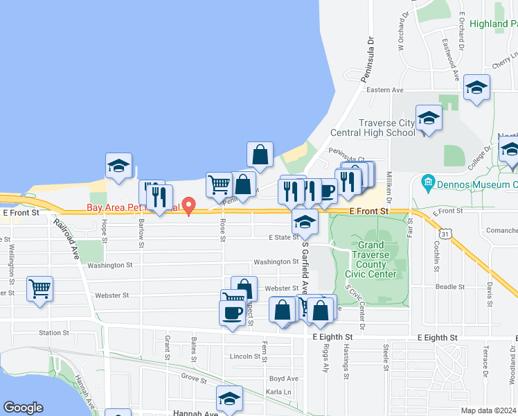 map of restaurants, bars, coffee shops, grocery stores, and more near 999 East Front Street in Traverse City