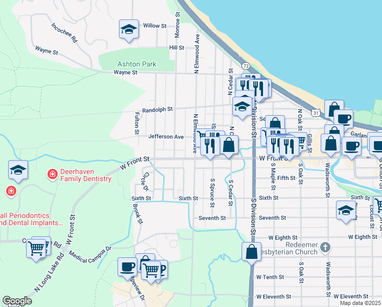map of restaurants, bars, coffee shops, grocery stores, and more near 105 North Elmwood Avenue in Traverse City