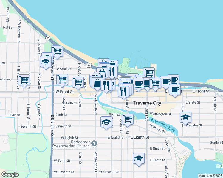 map of restaurants, bars, coffee shops, grocery stores, and more near 290 West Front Street in Traverse City