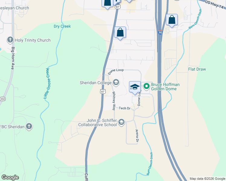 map of restaurants, bars, coffee shops, grocery stores, and more near 1 West Whitney Street in Sheridan