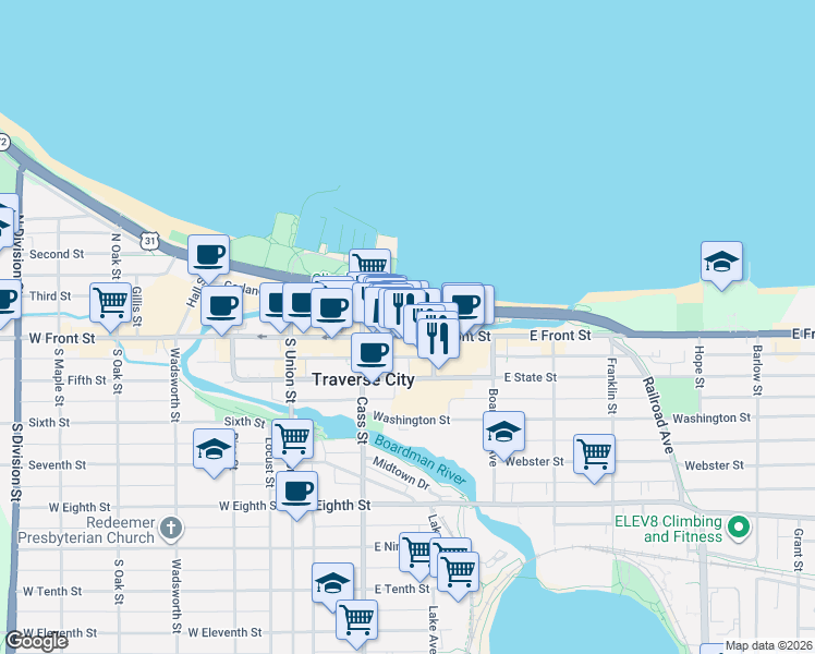 map of restaurants, bars, coffee shops, grocery stores, and more near 101 North Park Street in Traverse City