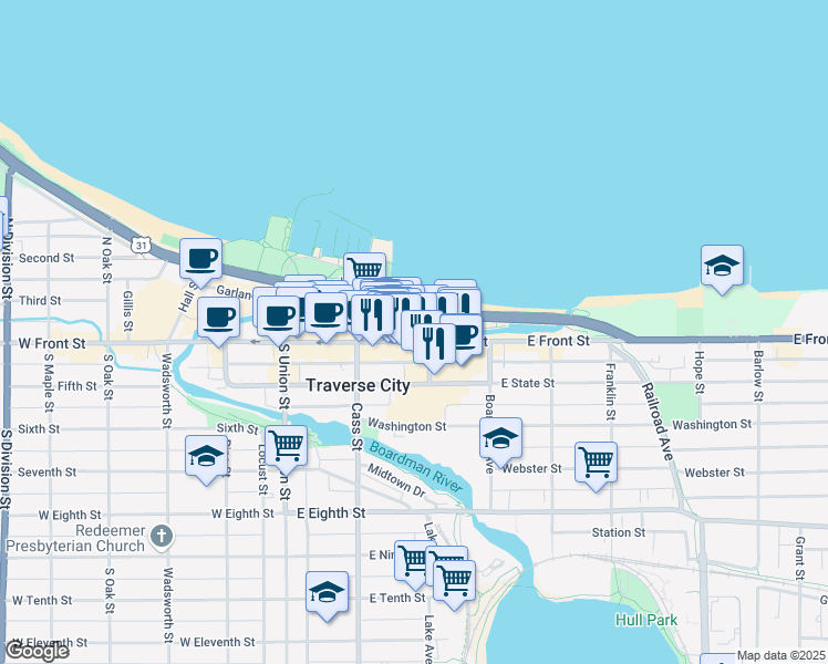 map of restaurants, bars, coffee shops, grocery stores, and more near 101 North Park Street in Traverse City
