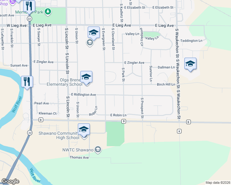 map of restaurants, bars, coffee shops, grocery stores, and more near 909 East Ridlington Avenue in Shawano