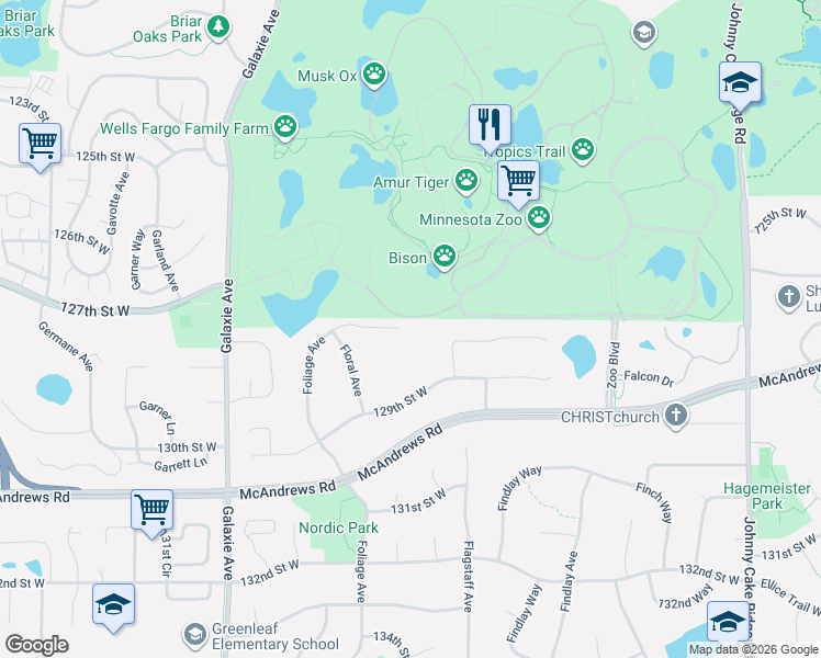 map of restaurants, bars, coffee shops, grocery stores, and more near 12734 Foliage Court in Apple Valley