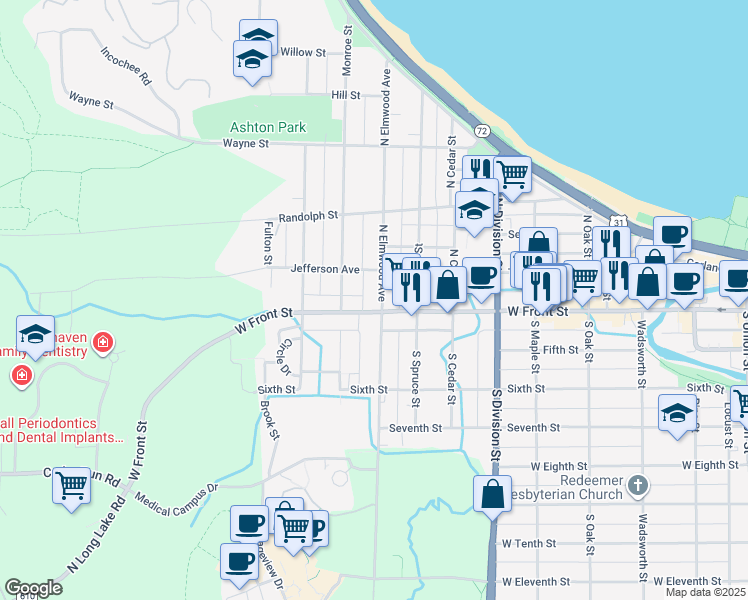 map of restaurants, bars, coffee shops, grocery stores, and more near 107 North Elmwood Avenue in Traverse City
