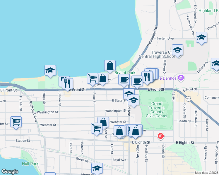 map of restaurants, bars, coffee shops, grocery stores, and more near 1025 East Front Street in Traverse City