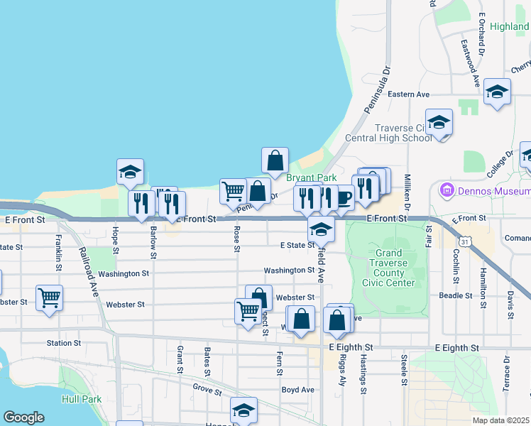 map of restaurants, bars, coffee shops, grocery stores, and more near 924 Peninsula Drive in Traverse City