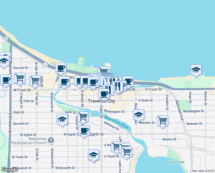map of restaurants, bars, coffee shops, grocery stores, and more near 202 East Grandview Parkway in Traverse City