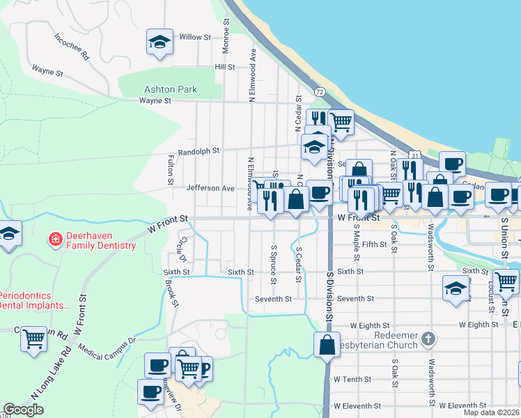 map of restaurants, bars, coffee shops, grocery stores, and more near 107 North Elmwood Avenue in Traverse City