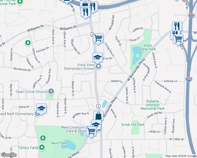 map of restaurants, bars, coffee shops, grocery stores, and more near 1816 Slater Lane in Burnsville
