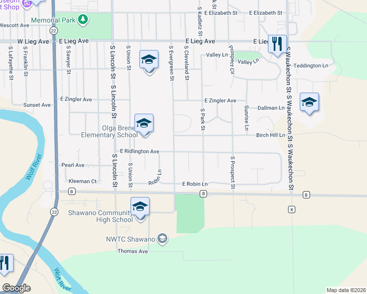 map of restaurants, bars, coffee shops, grocery stores, and more near 909 East Ridlington Avenue in Shawano