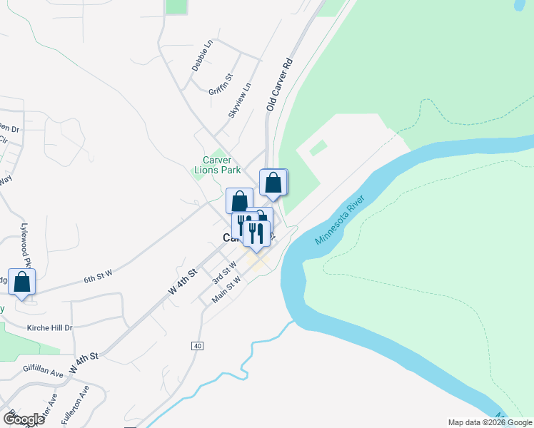 map of restaurants, bars, coffee shops, grocery stores, and more near 209 4th Street East in Carver