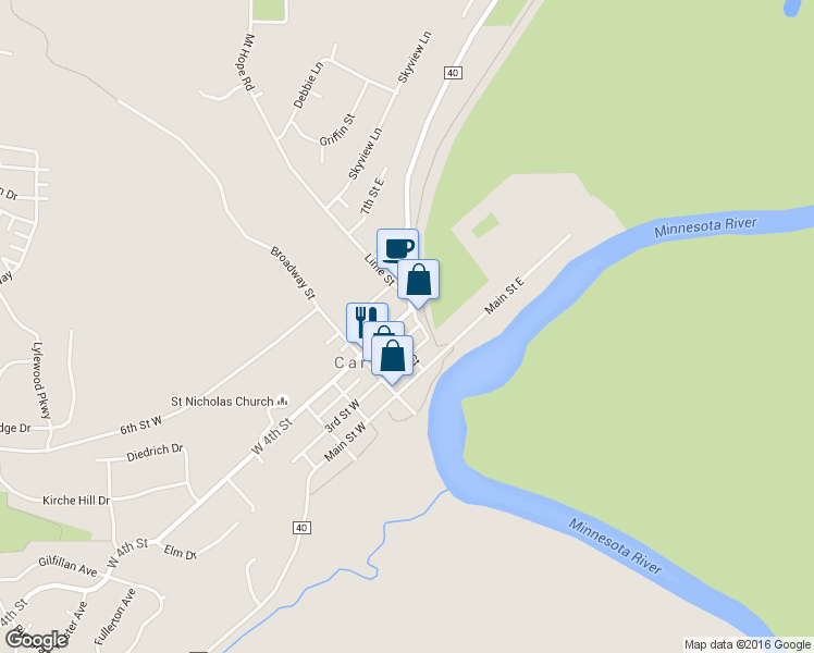 map of restaurants, bars, coffee shops, grocery stores, and more near 209 4th Street East in Carver