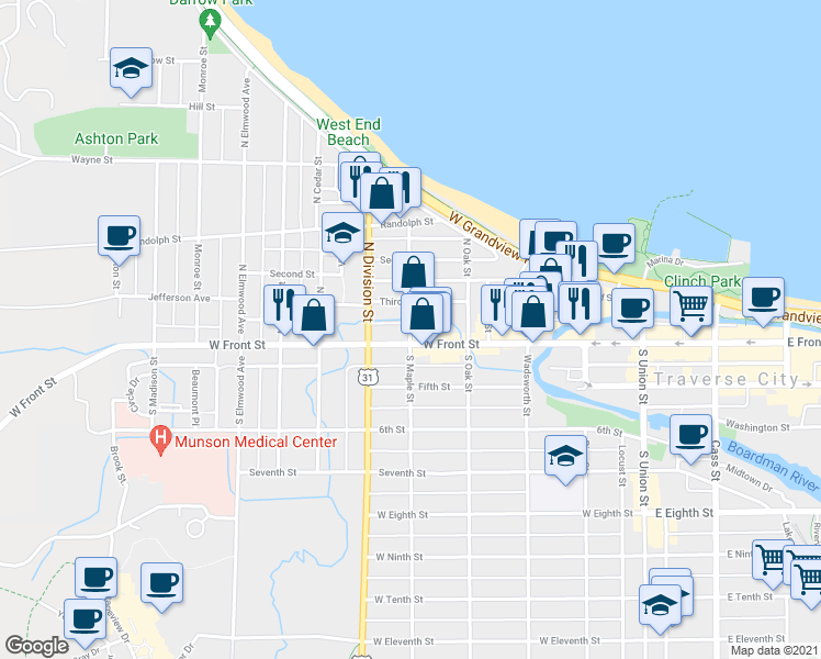 map of restaurants, bars, coffee shops, grocery stores, and more near 141 North Maple Street in Traverse City