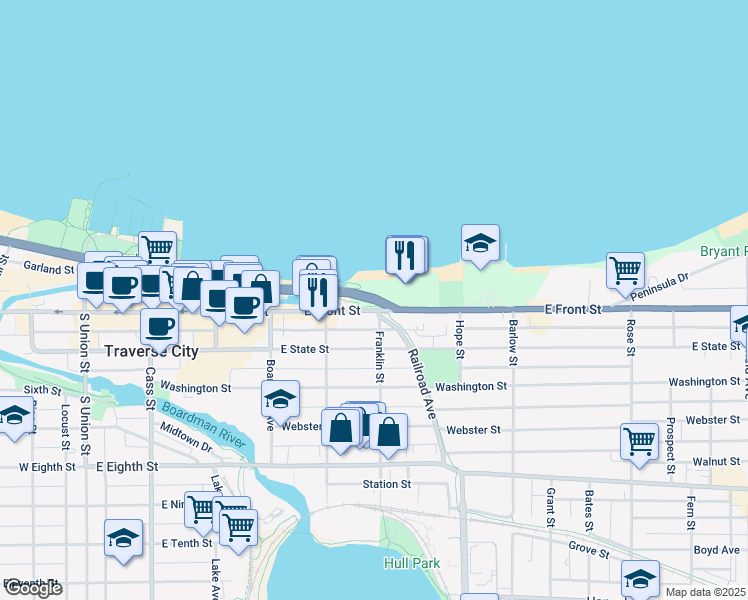 map of restaurants, bars, coffee shops, grocery stores, and more near E Grandview Pkwy in Traverse City