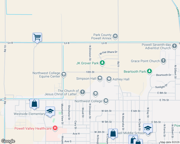map of restaurants, bars, coffee shops, grocery stores, and more near 10th Street in Powell