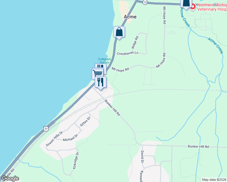 map of restaurants, bars, coffee shops, grocery stores, and more near Bunker Hill Road in Williamsburg