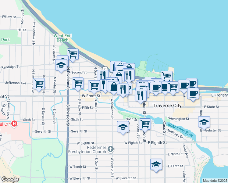 map of restaurants, bars, coffee shops, grocery stores, and more near 115 Hall Street in Traverse City