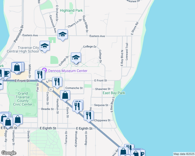 map of restaurants, bars, coffee shops, grocery stores, and more near 1923 East Front Street in Traverse City