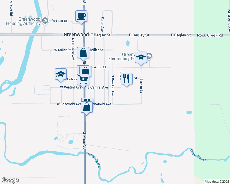 map of restaurants, bars, coffee shops, grocery stores, and more near 306 South Crocker Avenue in Greenwood