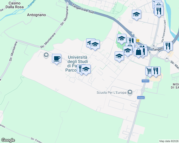 map of restaurants, bars, coffee shops, grocery stores, and more near Parco Area delle Scienze in Parma