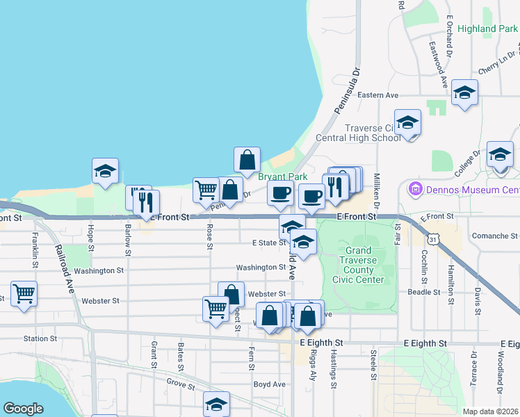map of restaurants, bars, coffee shops, grocery stores, and more near 1025 East Front Street in Traverse City