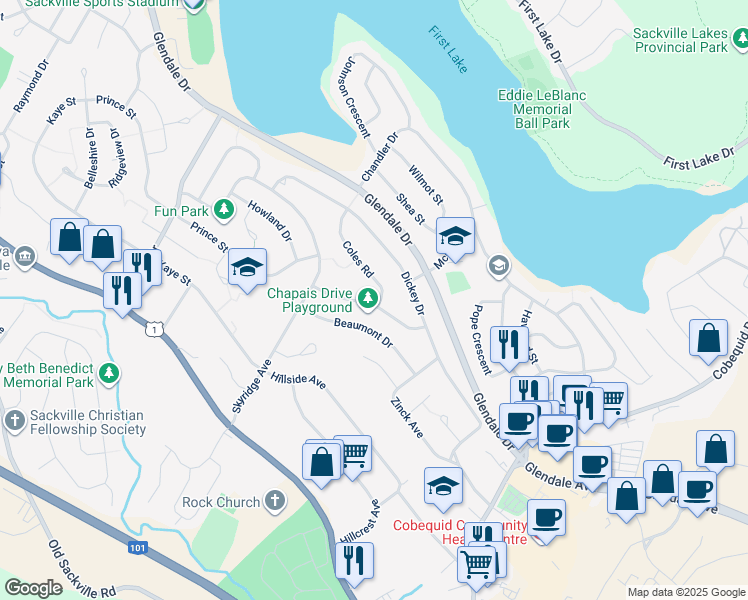 map of restaurants, bars, coffee shops, grocery stores, and more near 45 Chapais Drive in Lower Sackville