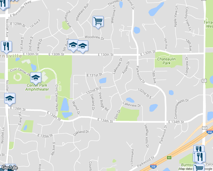 map of restaurants, bars, coffee shops, grocery stores, and more near 712 132nd Street East in Burnsville