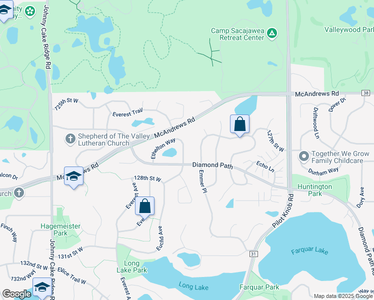 map of restaurants, bars, coffee shops, grocery stores, and more near 12729 Ethelton Way in Apple Valley