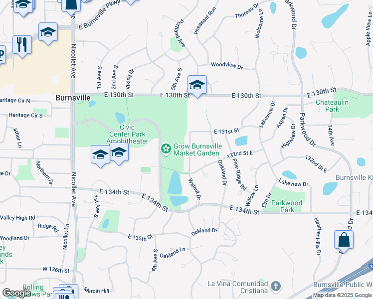 map of restaurants, bars, coffee shops, grocery stores, and more near 13116 Walnut Drive in Burnsville