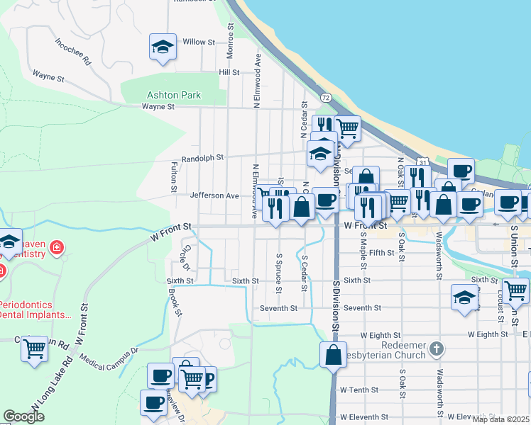 map of restaurants, bars, coffee shops, grocery stores, and more near 107 North Elmwood Avenue in Traverse City