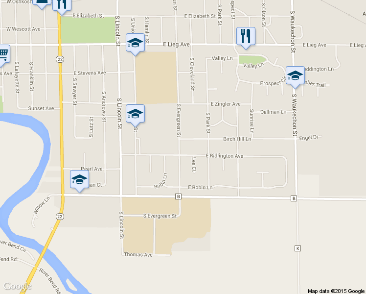 map of restaurants, bars, coffee shops, grocery stores, and more near 1310 South Evergreen Street in Shawano