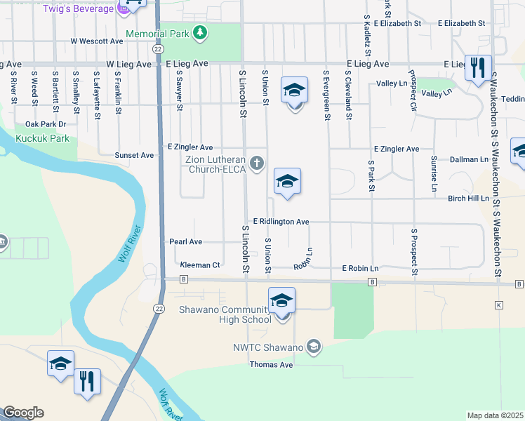 map of restaurants, bars, coffee shops, grocery stores, and more near 1339 South Union Street in Shawano