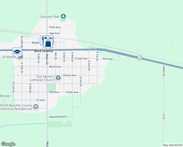map of restaurants, bars, coffee shops, grocery stores, and more near 361 South 2nd Street in Bird Island