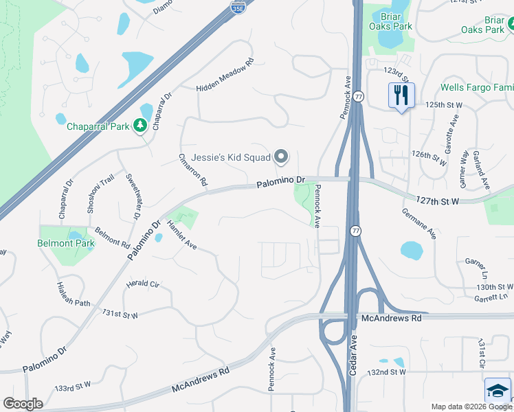 map of restaurants, bars, coffee shops, grocery stores, and more near 7699 128th Street West in Apple Valley